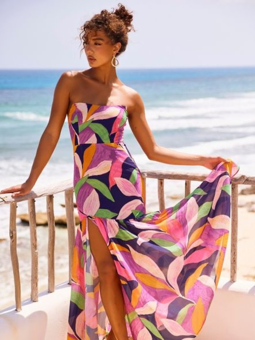 Sage+Paige Strapless Tropical Leaf Print Maxi Dress in Multicolor